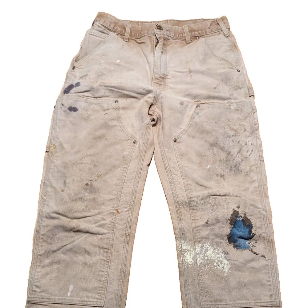 Vtg Carhartt B01 BRN Duck Double Knee Distressed Work Pants USA Made Size 32x34